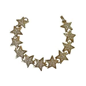 1990s Signed MOD Gold Plate Pave Set White Rhinestones Vtg Star Link Bracelet